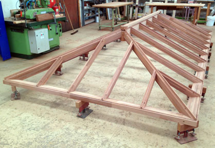 Photo of a large hardwood roof lantern under construction in our factory in Norfolk, England